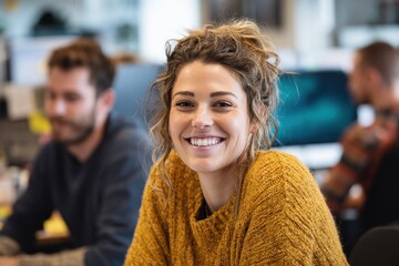 Confident woman enjoying teamwork with colleagues in bright open office, using laptop and smiling, concept of collaboration and productivity.