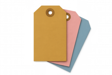 Blank paper tags in kraft, pink, and blue, providing space for text, price, or gift messages, transparent background