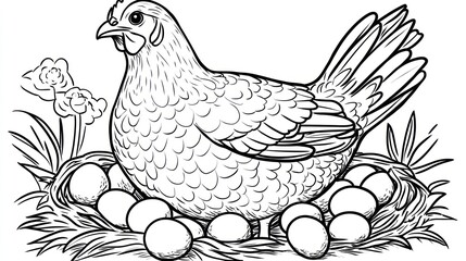 Black and white hen sitting on eggs in a nest. Possible use for coloring books or educational materials