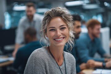 Cheerful young businesswoman in casual office, smiling while collaborating with colleagues on creative project using laptop, teamwork and communication concept in modern workspace.