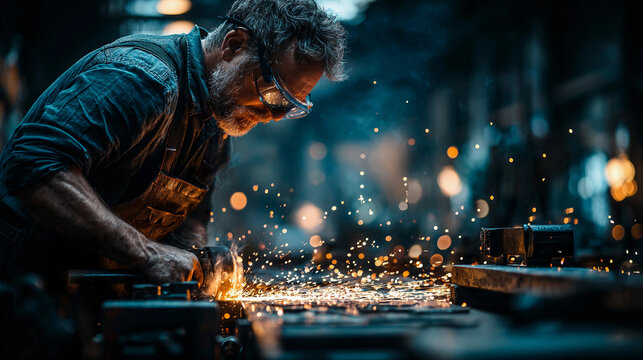 A skilled blacksmith working with sparks flying in a dimly lit workshop.