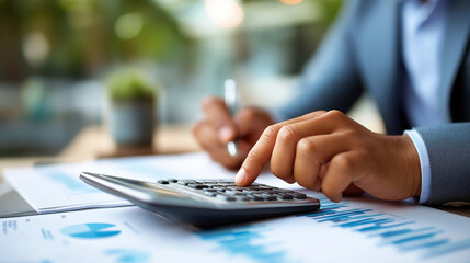 Fototapeta premium Financial strategy execution: Close up of hands on calculator business executive planning financial strategy development data analysis tools profitability assessment revenue