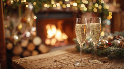 classic, romantic image capturing a festive moment. Two bubbling glasses of champagne stand on distressed wooden table, framed by the cozy, blurred glow of fireplace, twinkling golden Christmas lights