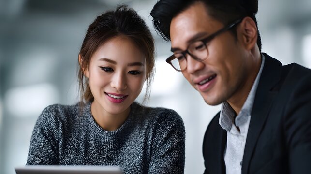 A business couple collaborates over a tablet discussing finances or data in a modern office setting