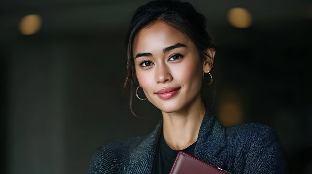 A confident and professional Asian businesswoman holding a burgundy folder looking towards the in a modern office with soft lighting