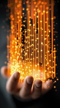 Digital Alchemy: A hand delicately cradles a cascade of vibrant digital lights, symbolizing the power of technology, innovation, and the boundless potential of the digital realm.