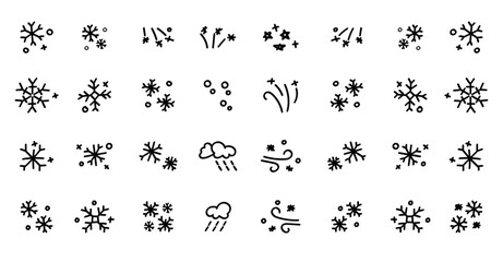 Hand Drawn Doodle Line Art Set of Weather Elements Icons Includes Cloud, Snowflake, Sun, and Wind Symbols.