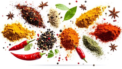 Flying assorted spices isolated background with condiments separated for cooking design