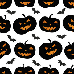 Seamless Pattern Jack O Lanterns and Bats Background for Halloween Party and Decoration.Vector illustration