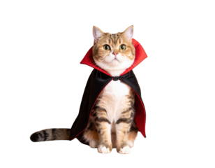 A cat dressed in a black and red cape, resembling a classic vampire costume, sits upright and gazes directly at the viewer.