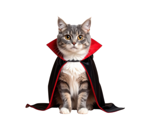 A cat dressed in a black and red cape, posing with a serious expression, embodying a whimsical vampire theme.