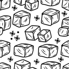Seamless Pattern Hand Drawn Ice Cubes and Snow Flakes Line Art Background for Drinks and Winter.Vector illustration