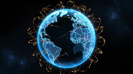 A glowing blue Earth with highlighted continents, connected by golden energy lines against a starry black background - Powered by Adobe