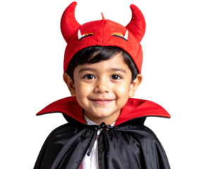 A cheerful child wearing a red devil hat and a black cape, smiling brightly.