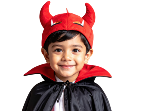 A cheerful child wearing a red devil hat and a black cape, smiling brightly.