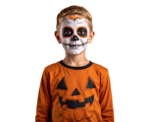A young boy dressed in an orange shirt with a pumpkin design and face-painted like a skull for Halloween festivities.