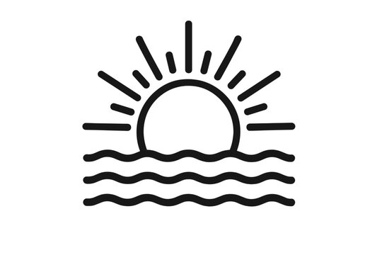 Sun rising above ocean horizon with sunburst rays, sunlight icon, vector illustration of sunrise over wavy sea, bright morning light symbol with transparent background