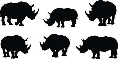 Rhinoceros silhouette collection, wild animal shapes, African wildlife illustration, black rhino contour, endangered species design, safari nature art vector