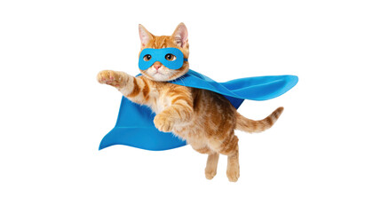 Fototapeta premium A playful cat wearing a blue superhero mask and cape, captured in mid-leap, exuding a sense of fun and adventure.