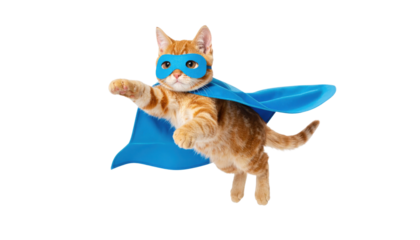 A playful cat wearing a blue superhero mask and cape, captured in mid-leap, exuding a sense of fun and adventure.