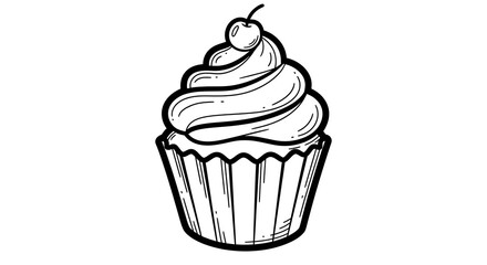 Black and White Line Drawing of Cupcake with Cherry on Top for Dessert Illustration