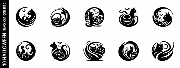 Set of minimalist black cat logo designs for branding, label or sticker use. Vector icons with clean graphic shapes, ideal for pet shops, creative studios and Halloween decoration.
