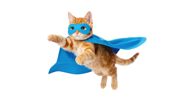 A playful cat wearing a blue superhero mask and cape, captured in mid-leap, exuding a sense of fun and adventure.