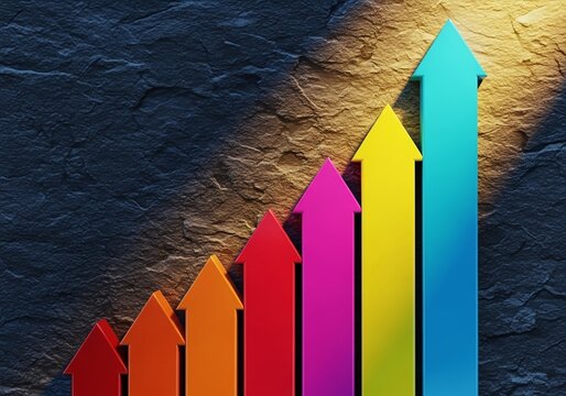 Rising Bar Graph Arrows on Stone Wall Background Showing Continuous Business Growth, Sequential Improvement, and Financial Success

