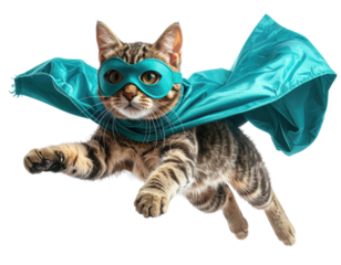 A playful cat dressed as a superhero, complete with a mask and cape, is captured mid-leap, showcasing its adventurous spirit.