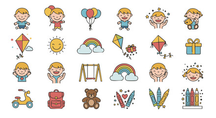 Fototapeta premium Vector flat icons Children’s Day celebration happy kids playing