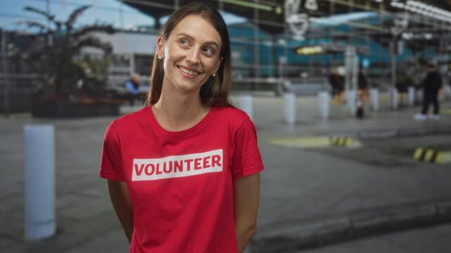 Young woman wearing red volunteer tshirt smiling with eyes closed and hands behind back at airport curbside with bollards and terminal visible; kindness.
