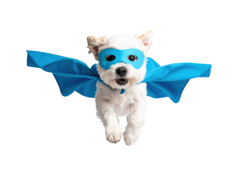 A playful dog wearing a superhero cape and mask, appearing to fly with excitement.