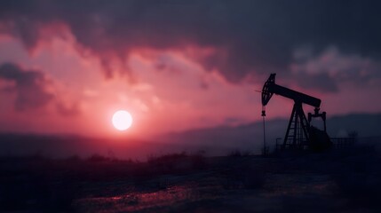 An oil pumpjack stands silhouetted against a vibrant dramatic sunset in a desolate landscape symbolizing industrial energy production