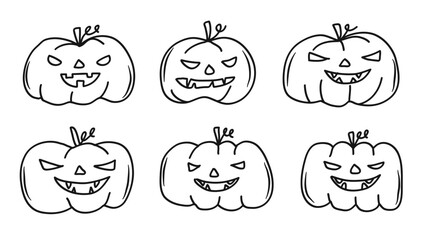 Jack O' Lantern Doodle Hand Drawn Line Art Collection for Halloween Coloring and Decoration.