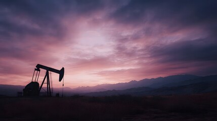 Naklejka premium A silhouetted oil pumpjack stands against a dramatic sunset sky over distant mountains