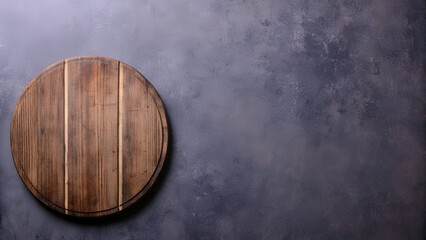 Fototapeta premium Rustic Wooden Round Cutting Board on Dark Concrete Background with Ample Copy Space, Ideal Flat Lay for Food, Kitchen, and Menu Design Templates