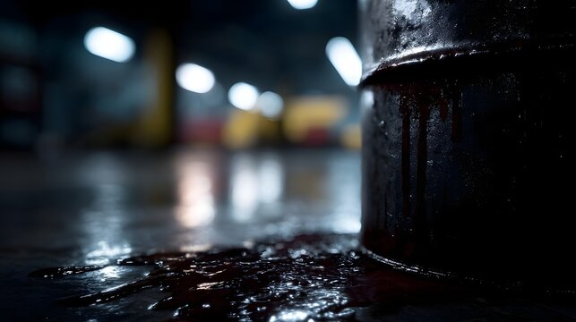 A dark oil barrel leaks viscous liquid onto the floor of a dimly lit industrial warehouse - Powered by Adobe