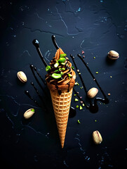 Artistic food photography of chocolate ice cream cone