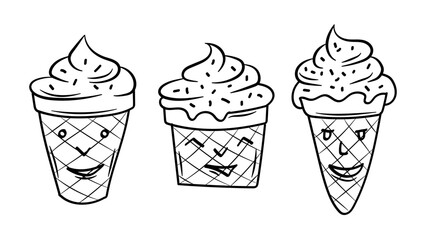 Ice Cream Doodle Kawaii with Faces Emotion Line Art Collection for Coloring Page and Sweet Snack Design.Vector illustration