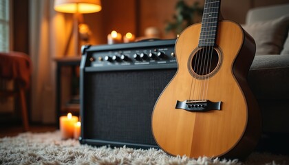 Acoustic guitar rests next to music amplifier in cozy room. Soft light from lamp and candles creates warm ambiance. Ready for creative music session at home studio.