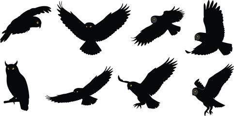 Silhouette owls flying perched wings spread nocturnal birds wildlife illustration isolated black white background yellow eyes night nature animal design art