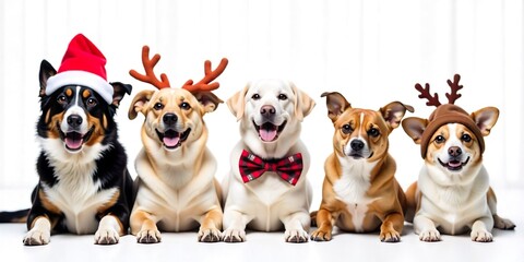 A festive a row of five cheerful dogs dressed in various Christmas-themed accessories, exuding holiday spirit against a white backdrop