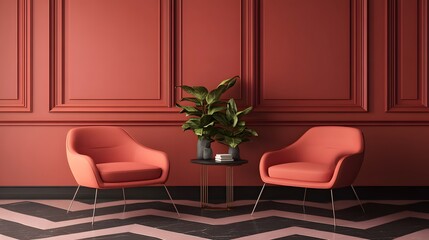 Modern living room interior design in terracotta color with armchairs and plant