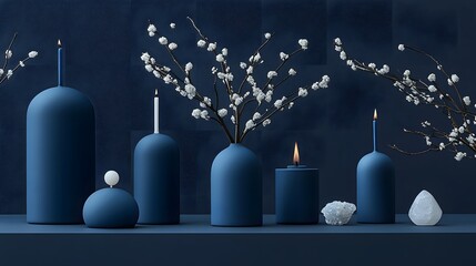 Elegant blue matte candleholders with candles and floral arrangement on shelf