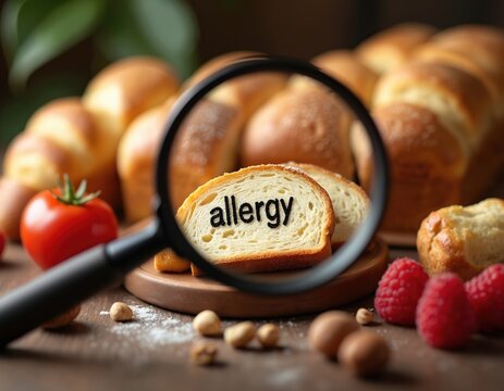 Magnifying glass focuses on bread slice with allergy text. Bread, fruits, and pastries surround the glass. Food allergy and dietary restrictions concept. Healthy eating and safety.
