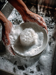 The process of washing dishes in a sink is depicted, with hands washing a white plate using a sponge, creating a lot of white foam. The photo is in monochromatic tones. Illustration.