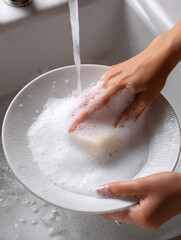 The process of washing dishes in a sink is depicted, with hands washing a white plate using a sponge, creating a lot of white foam. The photo is in monochromatic tones. Illustration.