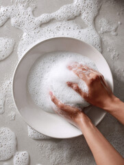 The process of washing dishes in a sink is depicted, with hands washing a white plate using a sponge, creating a lot of white foam. The photo is in monochromatic tones. Illustration.