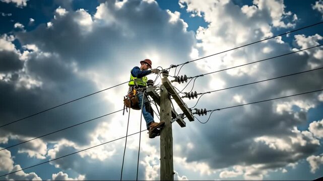 Male lineman worker on utility pole under cloudy sky. Electrician installing power line infrastructure during daytime for electricity distribution footage.