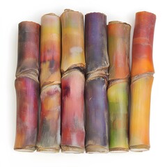 Assorted colorful sugar cane stems arranged vertically on a white surface for design concept
